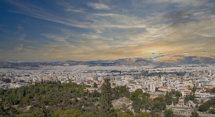 Panoramic View of Athens Cityscape from Acropolis Hill at Sunset