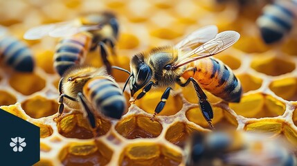 Close-up of bees on honeycomb, illustrating pollination and honey production.