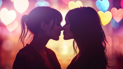 Romantic Silhouette of Two Women Kissing with Colorful Heart Bokeh