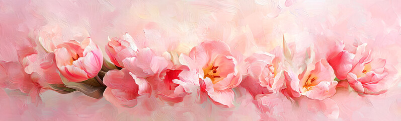 Pink tulip bouquet in oil-painting style on a soft pink background. Banner for spring themed, weddings, and romantic designs. Artistic texture and color details. Generative ai