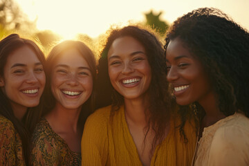 Fototapeta premium Joyful young women of diverse backgrounds enjoying a sunny day outdoors