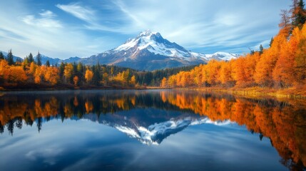 Obraz premium Mount jefferson reflecting in lake, oregon, during autumn foliage season
