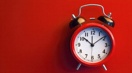 Naklejka premium Setting the alarm for a productive day red clock on vibrant background close-up view