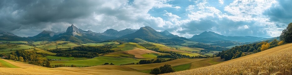 Fototapeta premium Panoramic shot of an idyllic French countryside, with rolling hills and wheat fields