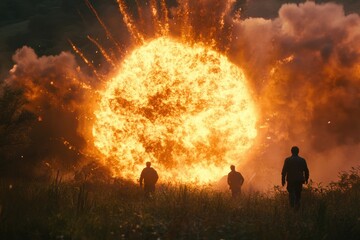 Fototapeta premium Explosive scene where figures walk towards a massive explosion in an open field at dusk