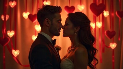 Valentine's day festive background with A man and woman are kissing in front of a backdrop of red hearts. Scene is romantic and intimate