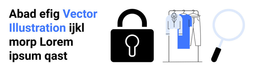 Black padlock symbol alongside a blue and white clothing rack with a magnifying glass for security relevance. Ideal for security, privacy, protection, investigation, safety, search, online shop