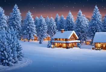 Fototapeta premium Warm wooden cabins covered in snow nestled in a pine forest at twilight