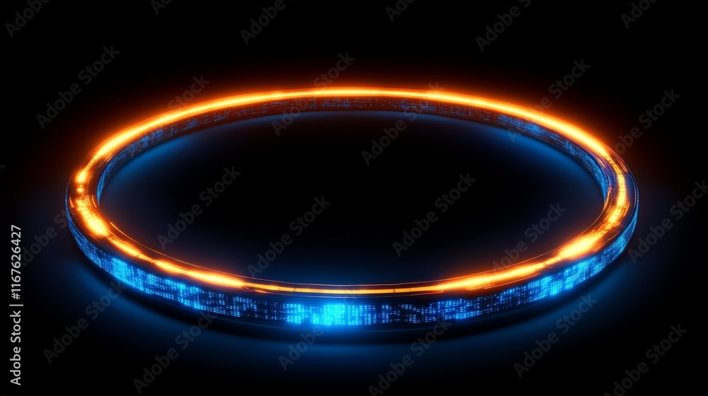 Poster futuristic digital background featuring a glowing circular data display with blue and orange lights 