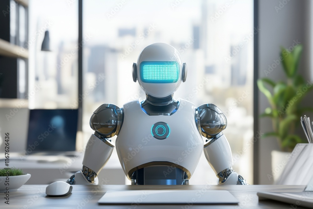 Aufkleber robot assistant working at a modern office desk with a city view in the background