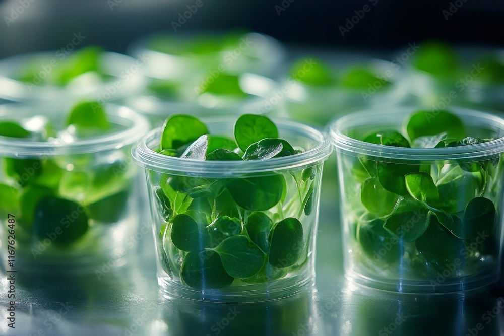 Poster genetically modified plants growing in petri dishes in a lab setting
