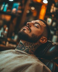 Man Relaxes in Barbershop Chair With Close Shave and Intricate Neck Tattoo While Skilled Barber Works on Hairstyle in a Warm, Inviting Atmosphere