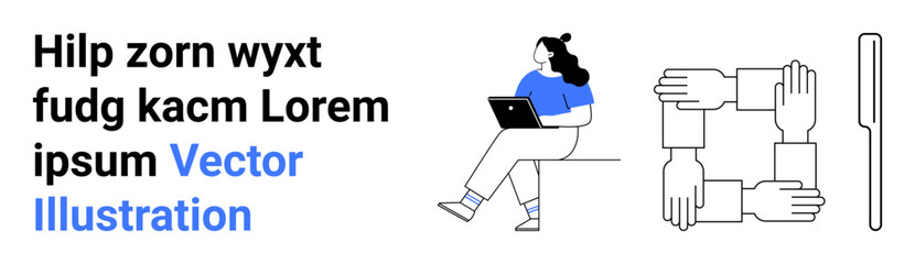 Woman sitting with laptop, group of connected hands forming square, placeholder text, pen. Ideal for teamwork, unity, communication, collaboration, support, productivity, creativity. Landing page