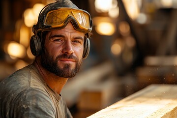 Woodworker in Protective Gear Focuses on His Craft in a Bustling Workshop During Daylight Hours