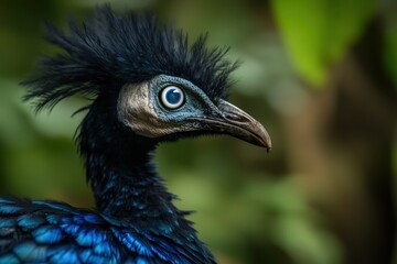 Fototapeta premium Stunning close-up of a peacock showcasing its vibrant plumage in a lush environment