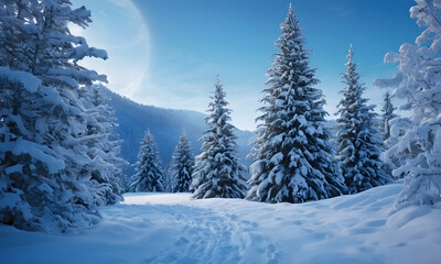 Path leading through snow covered forest in mountains
