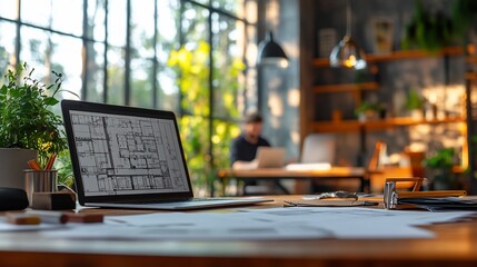 Architects Laptop Displays House Plan In Modern Office