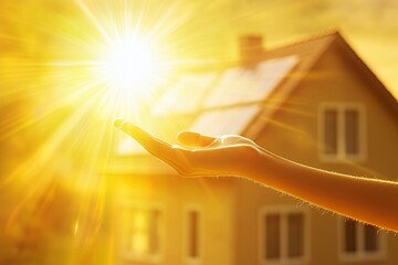 Sunlight Streaming From a Hand Towards a House With Solar Panels in the Background During a Bright Afternoon