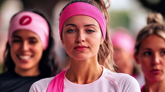 Women celebrate World Cancer Day by participating in an athletic race for cancer awareness and support