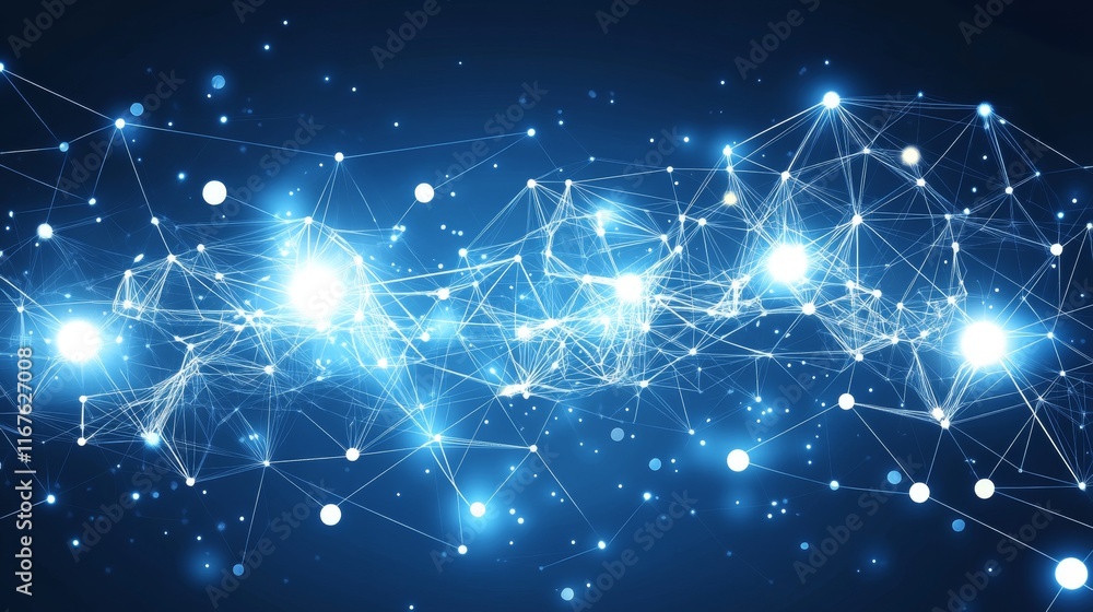 Poster light blue abstract composition illustrating interconnected modules and digital patterns representin