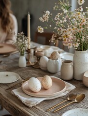 Elegant table setting with eggs and flowers in a cozy dining space during the day