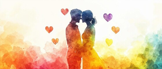 Romantic Silhouette of a Couple in a Colorful Watercolor Style