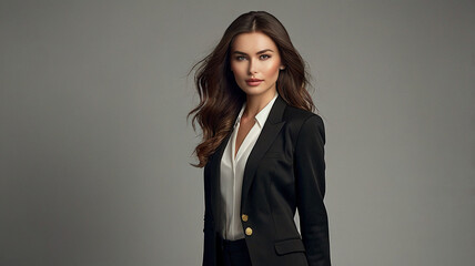 Portrait Russian Professional business woman TV news anchor presenter elegant attire wearing black formal woman suits a white background