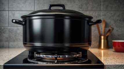 Black pot on gas stove, ready for cooking.