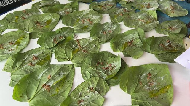 Preparation of paans with chun and other spices in a roadside stall. Betel leaf.