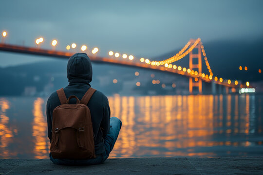 Solitary Figure Overlooking Bridge at Night