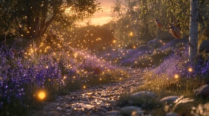 Magical sunset path through lavender field with fireflies.