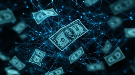 Cash flows through a digital landscape, showcasing electronic money transfers in a networked system