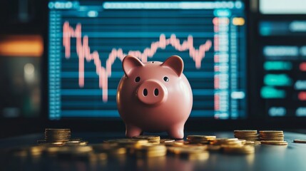 Piggy Bank with Gold Coins, Stock Market Charts, Financial Investment, Wealth Building Concept, Investment Planning, Economic Growth, Financial Growth, Savings Strategy