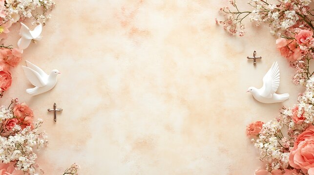 Peaceful doves and flowers surround a beige background