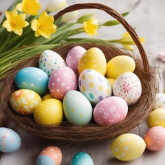 easter eggs in a basket with flowers