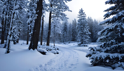 Snowy path leading through a pristine winter wonderland forest