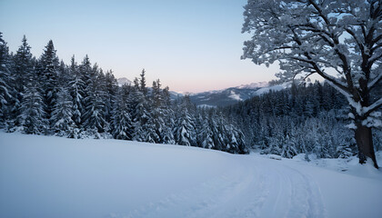 Obraz premium Untouched snow covering a forest trail at sunset