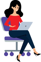 Woman sitting on a chair, using her laptop, in casual clothes, illustration