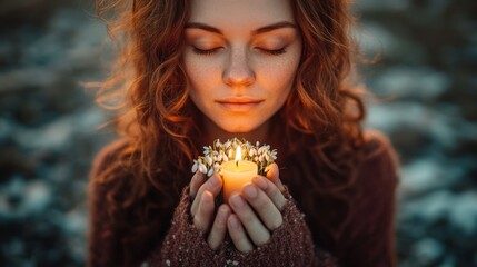 Naklejka premium A woman holds a candle and snowdrops in a forest at sunrise, celebrating Imbolc and the awakening of spring
