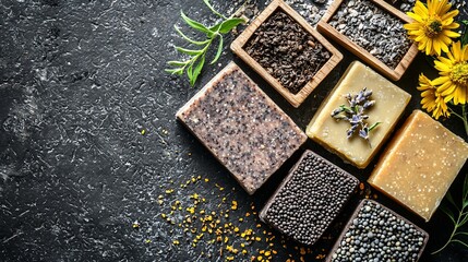 Assorted handmade soaps with herbs and flowers.