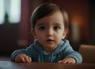 Baby boy looking up while leaning on table top