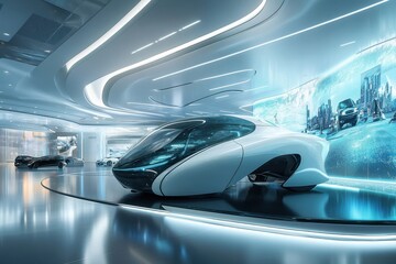 Fototapeta premium Futuristic Concept Car Displayed in a Modern Automotive Showroom Featuring Sleek Design and High-Tech Features