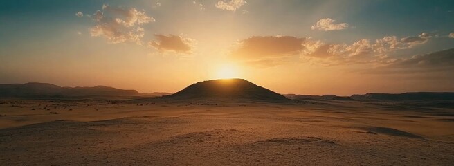 Panoramic view of an Egyptian desert landscape with a hill in the center, during the golden hour,...