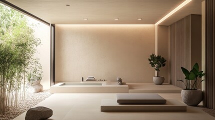 Serene Minimalist Spa Interior, Soft Lighting, Natural Elements, Calming Atmosphere, Relaxation, Tranquil Wellness Concept