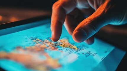 Fototapeta premium Close-up of Traveler Hand Using Tablet for Travel Plans