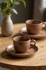 cozy dining concept, rustic decor inspiration in color of the year 2025 tones. closeup of wooden coffee table with mocha mousse ceramic plates and cups. tea ceremony in minimalistic, warm setting.