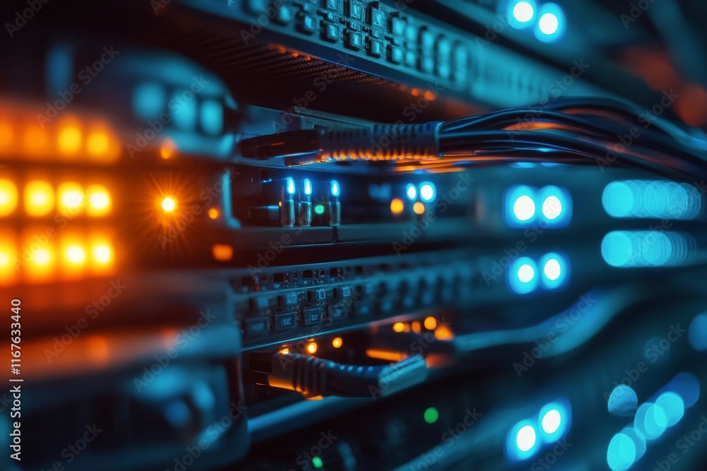Poster data server rack with glowing lights and indicators in a tech environment during nighttime