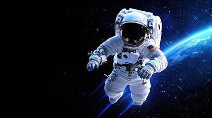 Fototapeta premium Astronaut floating in space outer space digital art cosmic environment wide view exploration theme