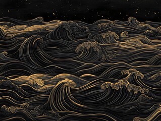 dynamic wave pattern in black and gold with high-contrast flowing lines 