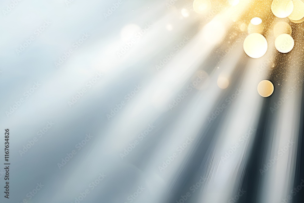 Poster soft and shining rays of light streaming through the misty atmosphere, mixing with golden bokeh sphe